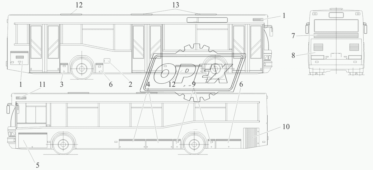 Расположение крышек и решеток на кузове автобусов МАЗ-104