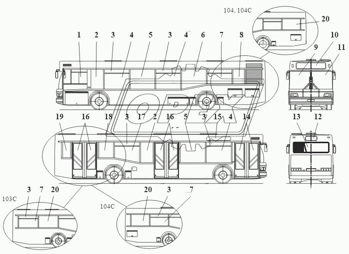 Остекление МАЗ 103, МАЗ 103С, МАЗ 104, МАЗ 104С