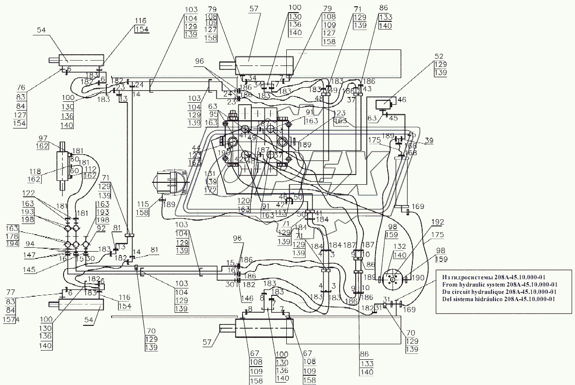 208А-45.05.000-01 Гидросистема рабочего оборудования. Схема  гидравлическая соединений