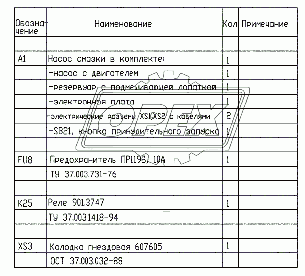 Перечень элементов электрической схемы системы смазки