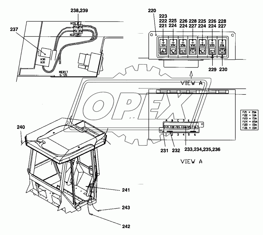 Cab, roof mounted, electrical switches