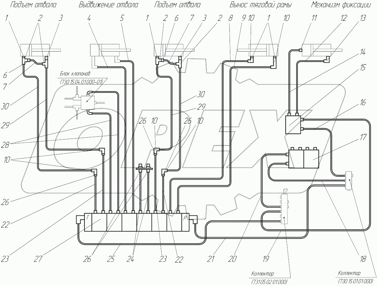  Схема гидравлическая соединений  Гидросистема рамы передней