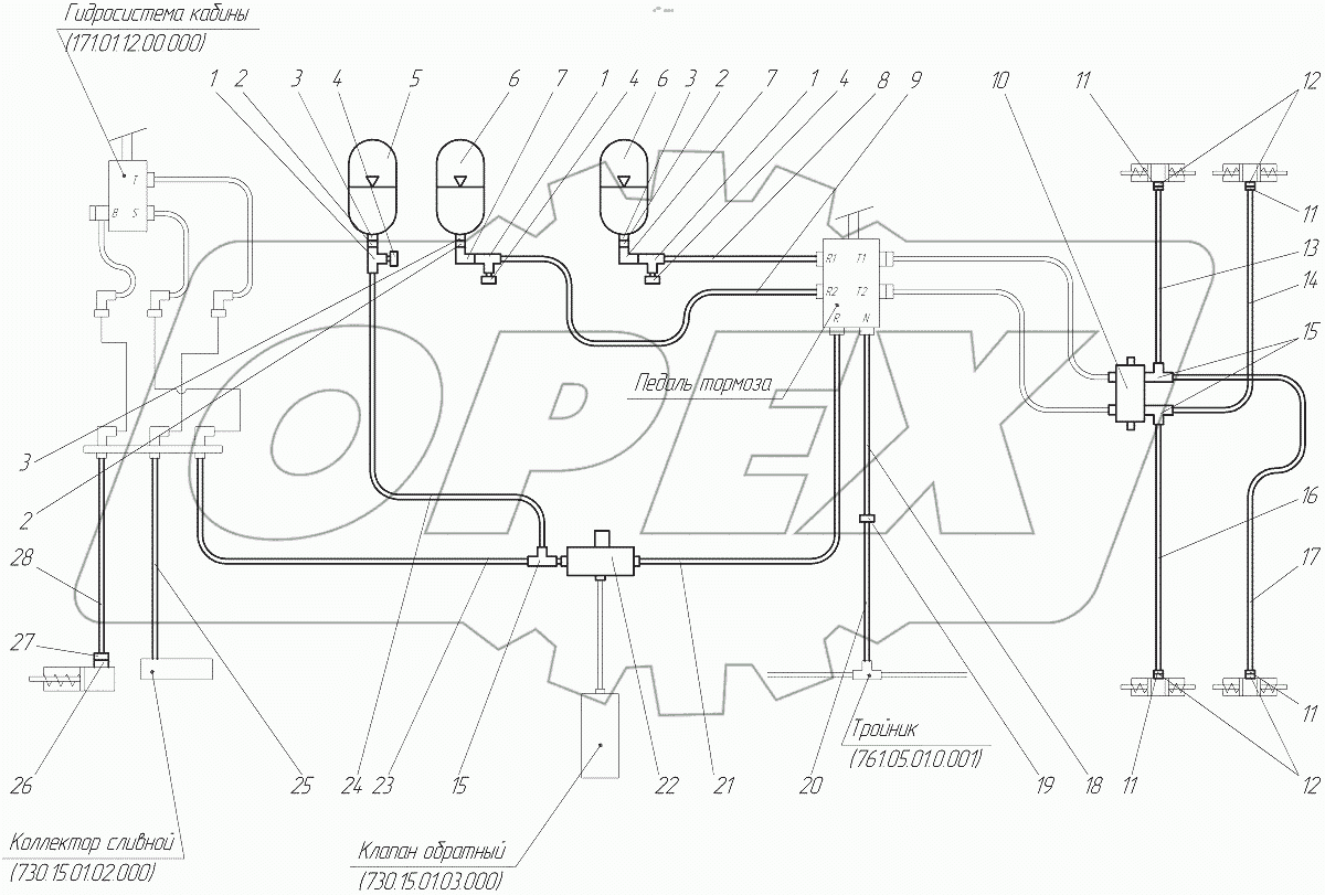  Схема гидравлическая соединений. Гидросистема тормозов