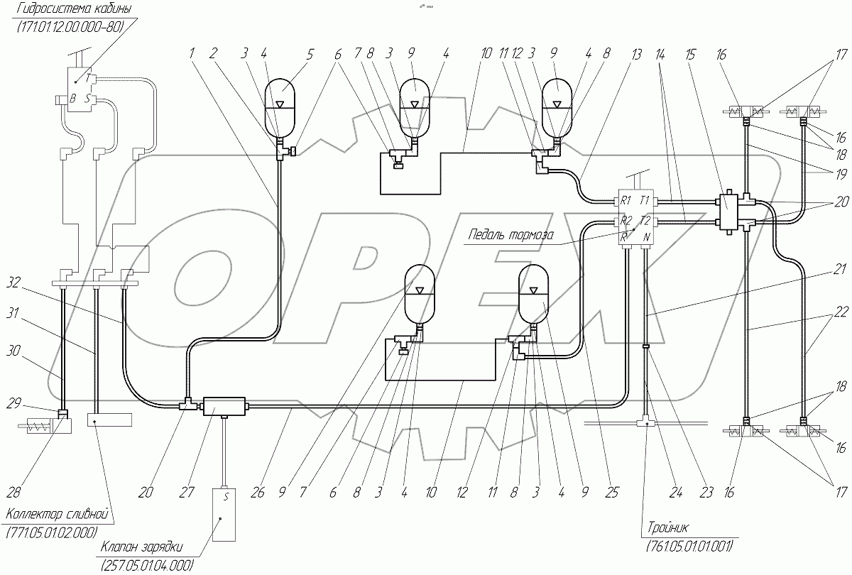  Схема гидравлическая соединений. Гидросистема тормозов