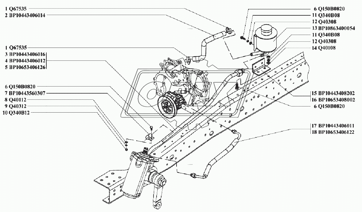 Трубопроводы и шланги рулевого управления (3408), Бак масляный рулевого управления (3410)