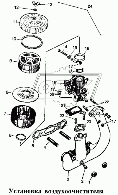 Установка воздухоочистителя пускового двигателя