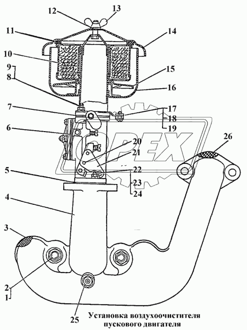 Установка воздухоочистителя пускового двигателя
