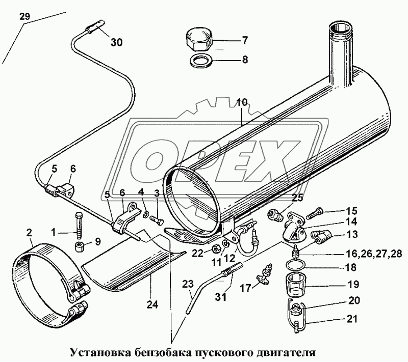 Установка бензобака пускового двигателя
