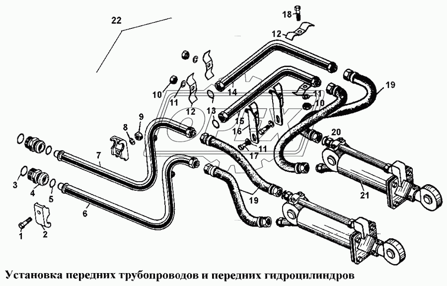 Установка передних трубопроводов и передних гидроцилиндров