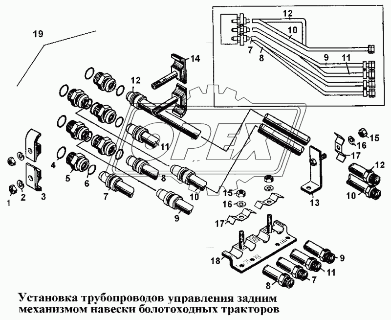 Установка трубопроводов управления задним механизмом навески болотоходных тракторов