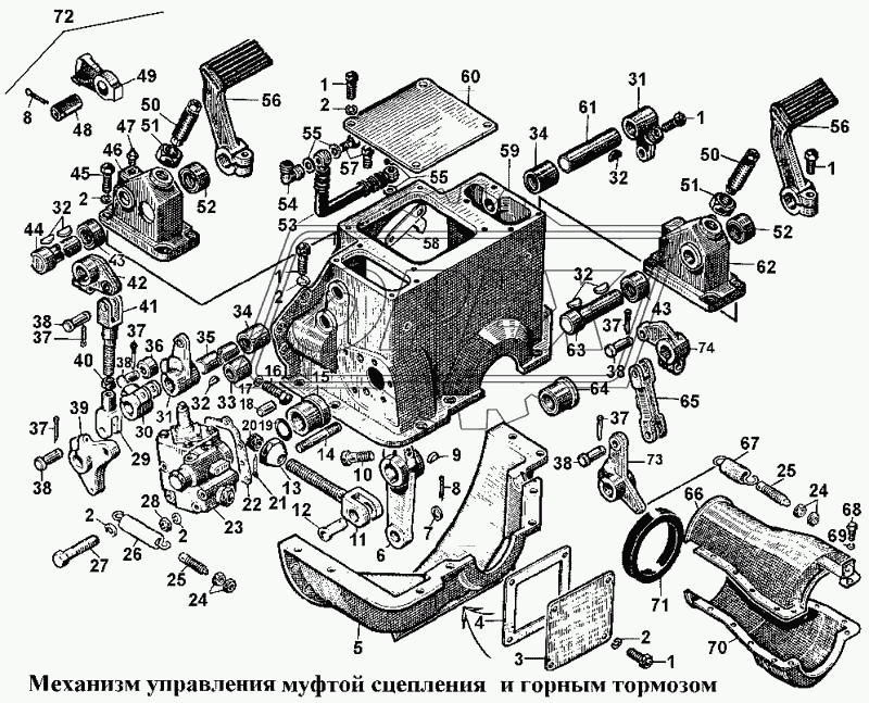 Механизм управления муфтой сцепления и горным тормозом