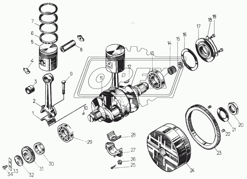 Кривошипно-шатунный механизм пускового двигателя