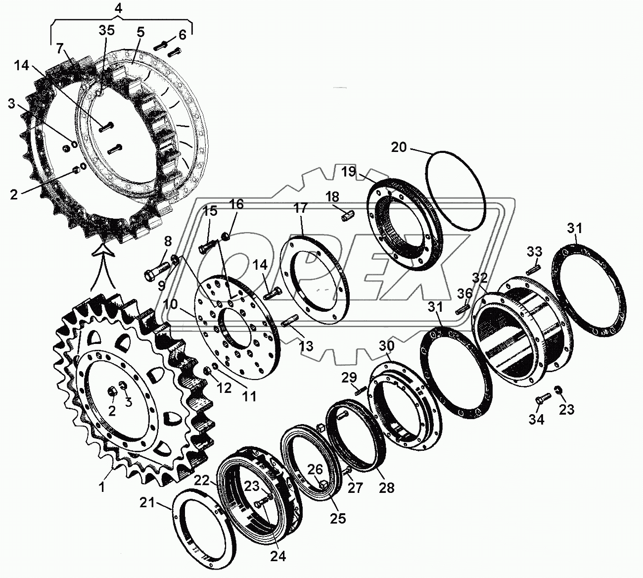 Детали бортового редуктора (ведущее колесо, лабиринтное уплотнение, проставка)