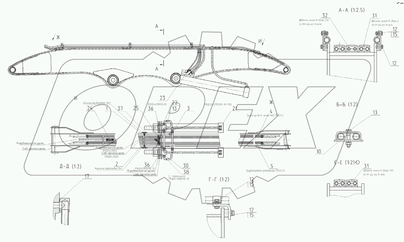  Трубопроводы стрелы в сборе с гидроцилиндром