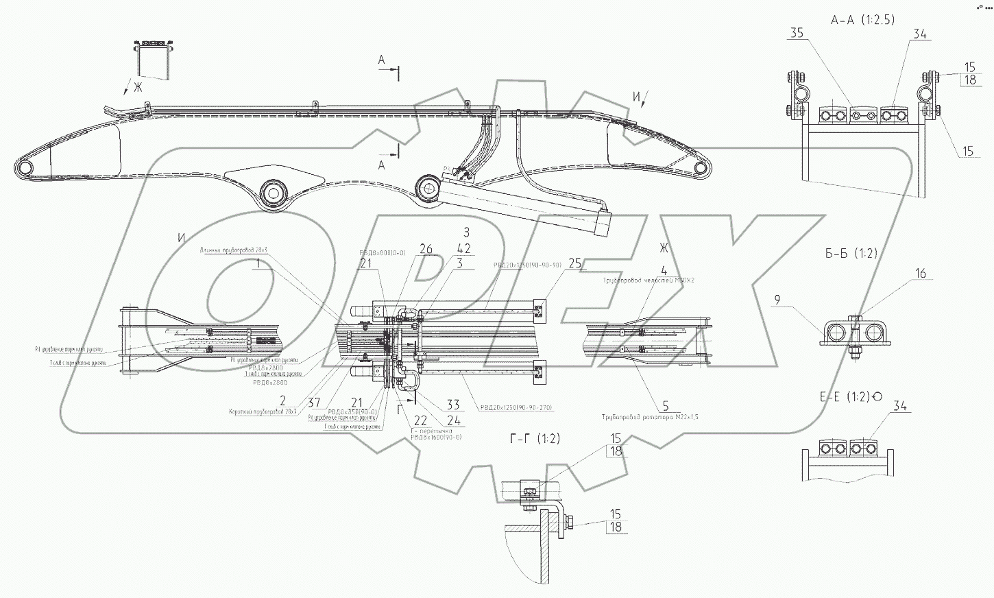  Трубопроводы стрелы в сборе с гидроцилиндром