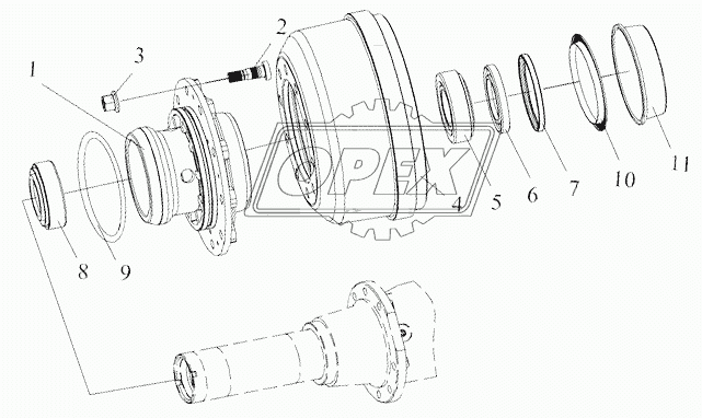 Ступица заднего колеса с тормозным барабаном (с ABS, мост с колесными редукторами R16T230W)