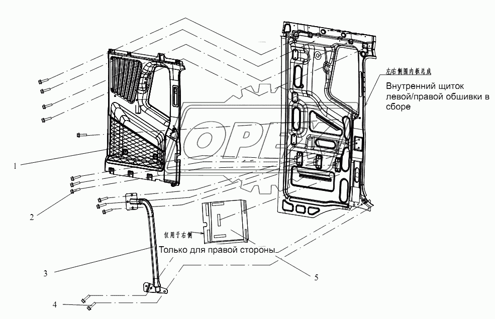 Внутренняя облицовка боковой обшивки и блок задней скобы (высокая крыша)
