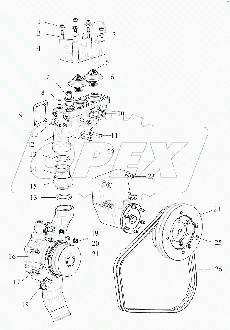  Термостат, водяной насос, кронштейн вентилятора