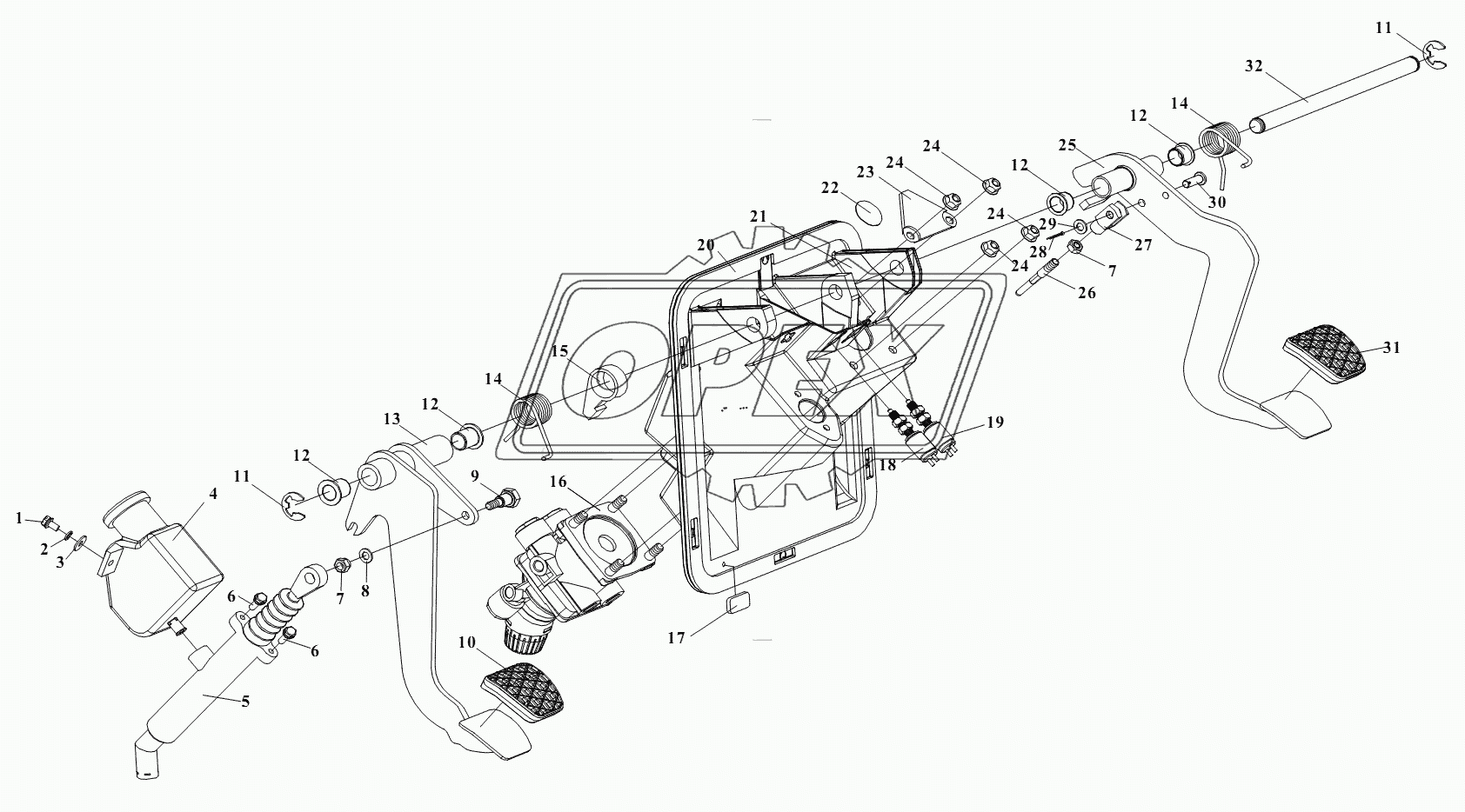 Педаль тормоза с тормозным краном и педаль сцепления с главным цилиндром сцепления