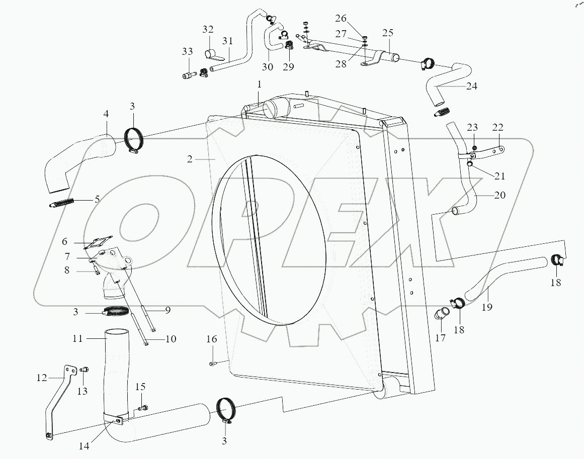  Радиатор, трубопроводы, воздухоотражатель вентилятора