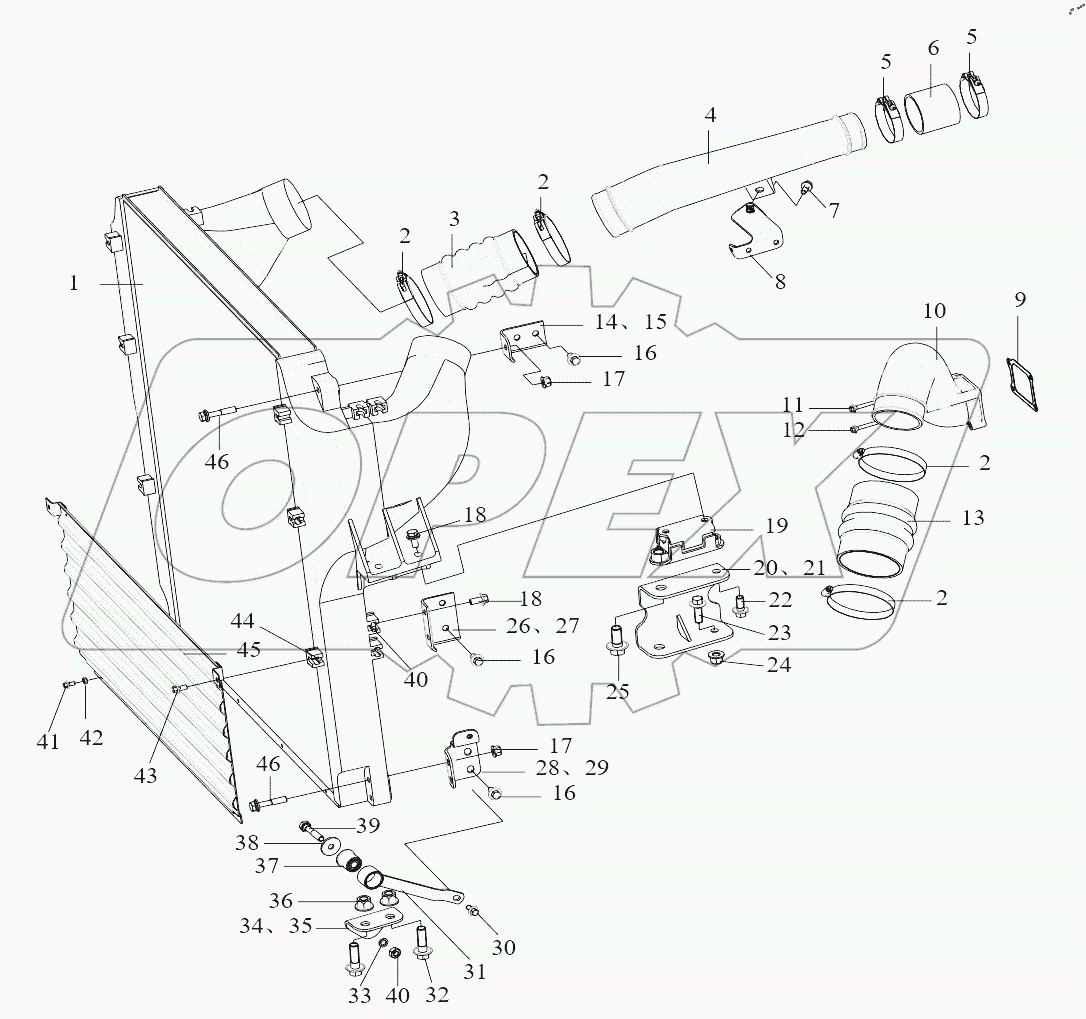  Промежуточный охладитель, трубопроводы, подвеска, защитная сетка