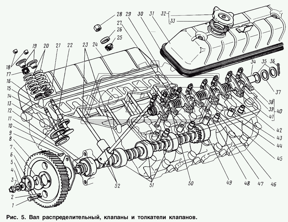 Вал распределительный, клапаны и толкатели клапанов