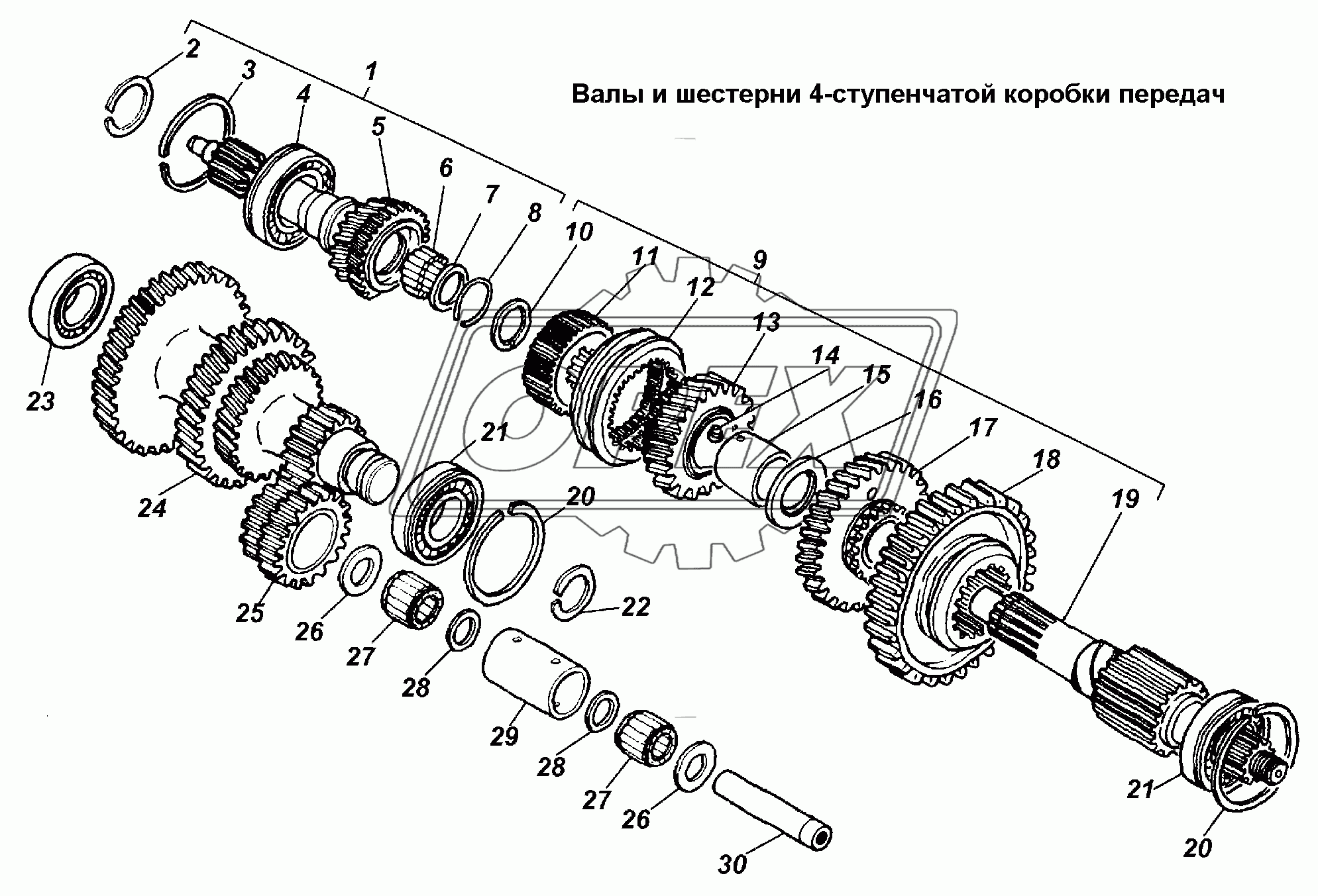 Валы и шестерни 4-ступенчатой коробки передач