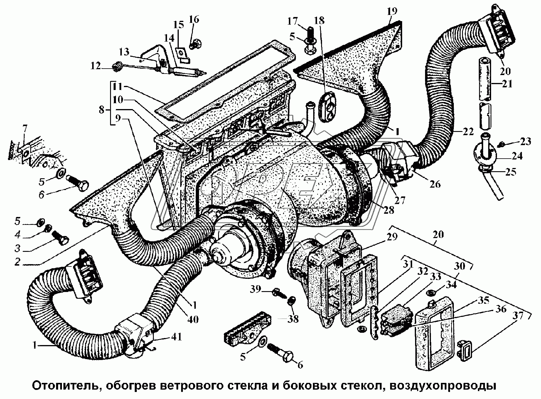 Отопитель, обогрев ветрового стекла и боковых стекол, воздухопроводы
