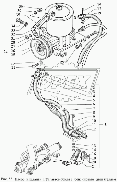 Насос и шланги ГУР автомобиля с бензиновым двигателем