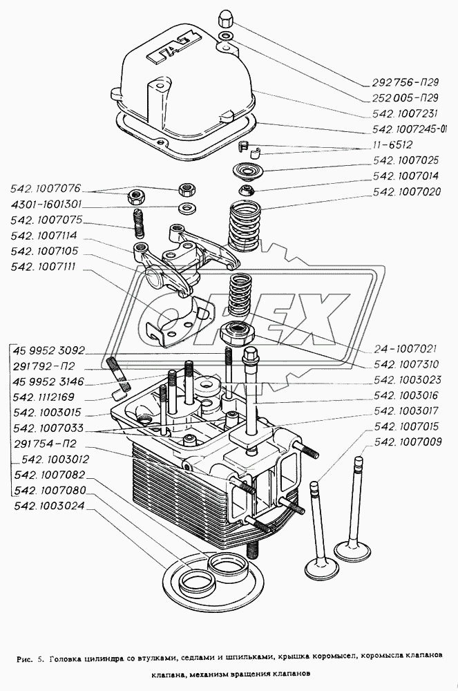 Головка цилиндра с втулками, седлами и шпильками, крышка коромысел, коромысла клапанов, клапана, механизм вращения клапанов