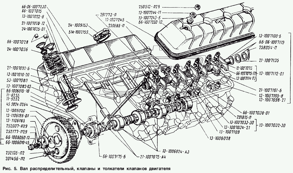 Вал распределительный, клапаны и толкатели клапанов двигателя