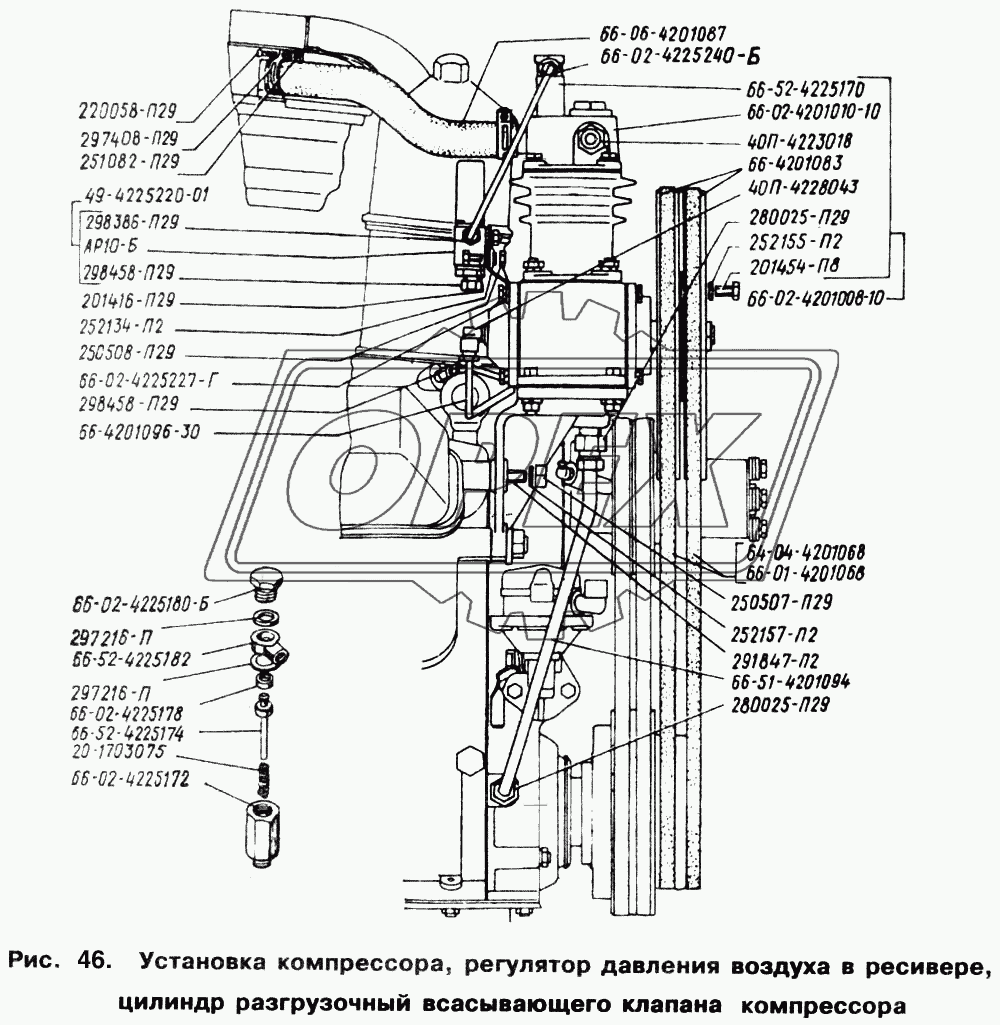 Установка компрессора, регулятор давления воздуха в ресивере, цилиндр разгрузочный всасывающего клапана компрессора