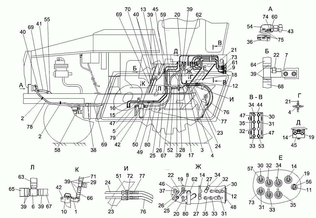 Гидросистема рулевого управления и силовых гидроцилиндров УЭС-8-0602000 (вид справа)
