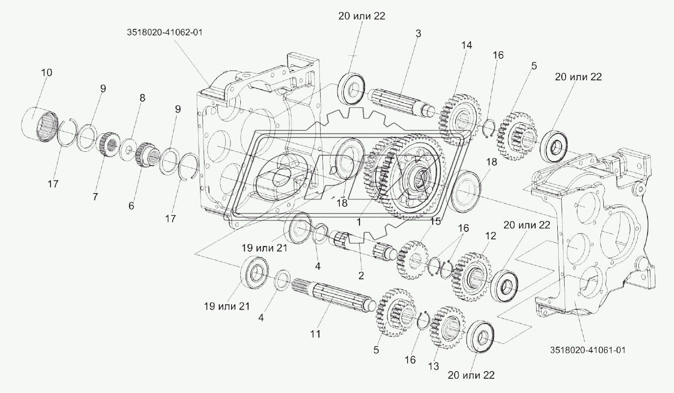 Коробка диапазонов 3518020-46150 (валы, шестерни)