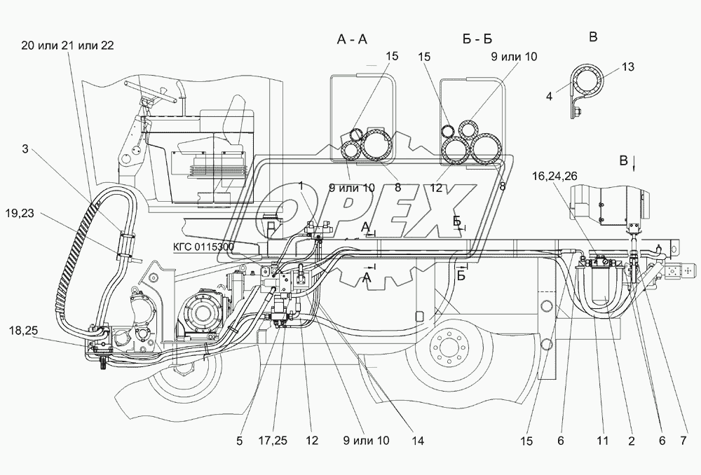 Гидросистема привода питающего аппарата и адаптеров КГС 0115000 (вид слева)