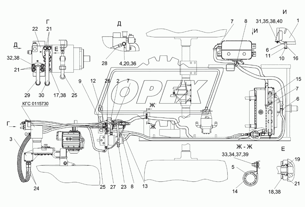 Гидросистема привода питающего аппарата и адаптеров КГС 0115000 (вид сверху)