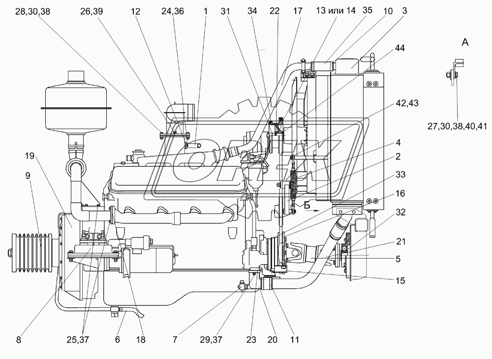 Установка двигателя ЯМЗ-238АК-1-10 КГС 0116000 (вид слева)