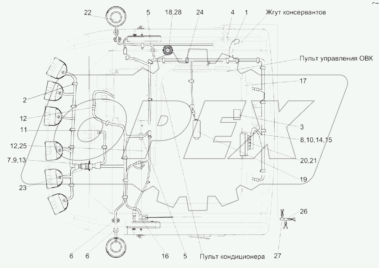 Электрооборудование кабины КВК 0120000 (вид сверху)