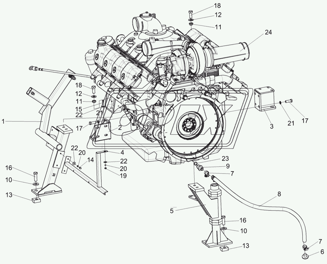 Установка двигателя OM502LA КВК 0150000 (установка двигателя на опорах)