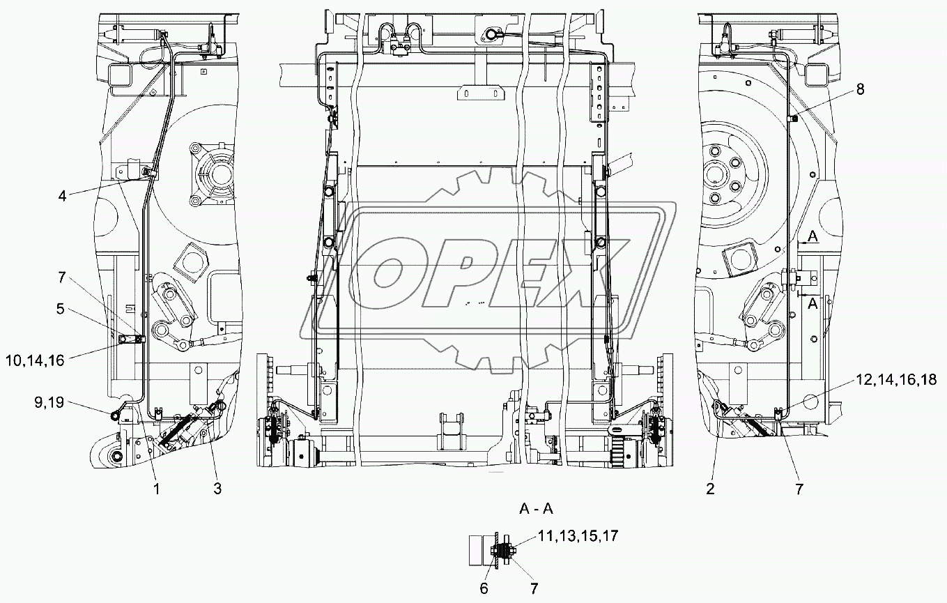 Установка трубопроводов моста ведущих колёс КЗК-8-0119250