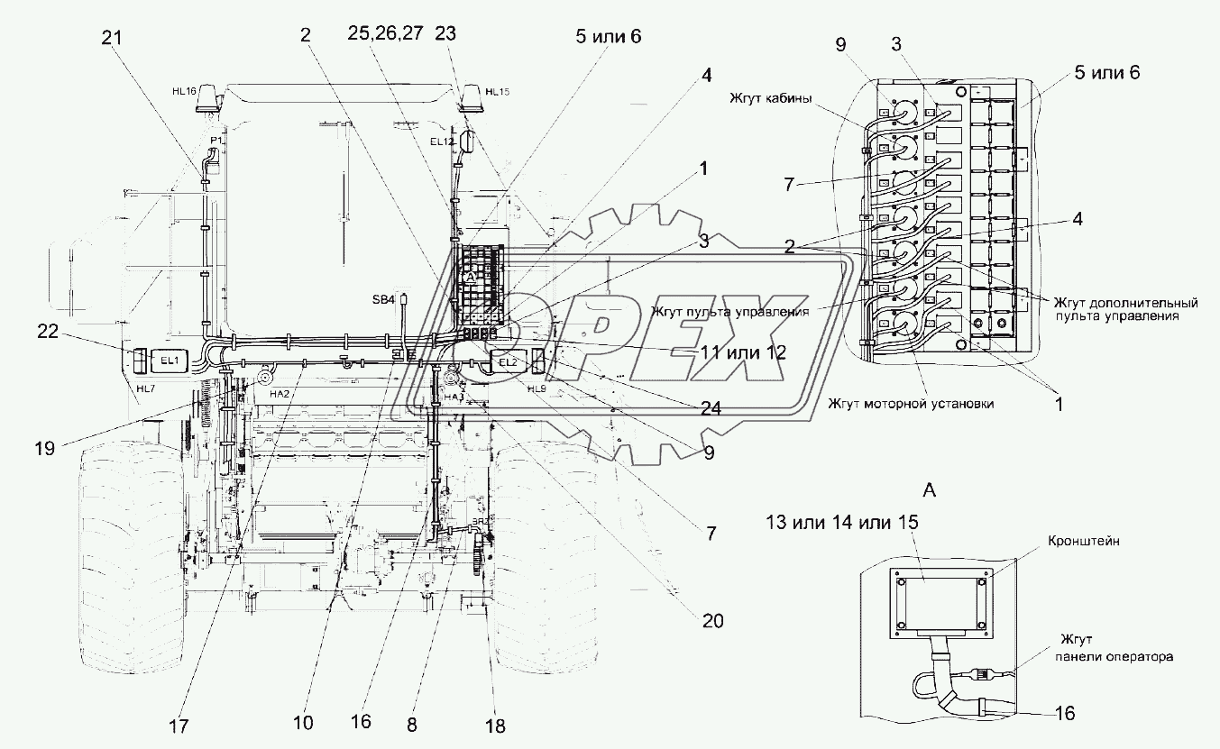 Электрооборудование молотилки самоходной (вид спереди)