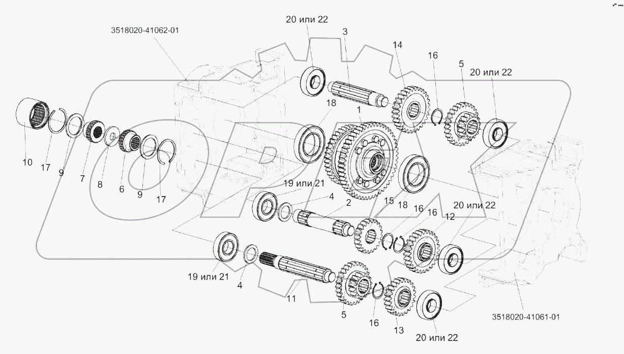 Коробка диапазонов 3518020-46150 (валы, шестерни)