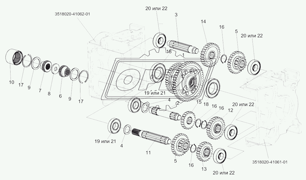 Коробка диапазонов 3518020-46150 (валы, шестерни)