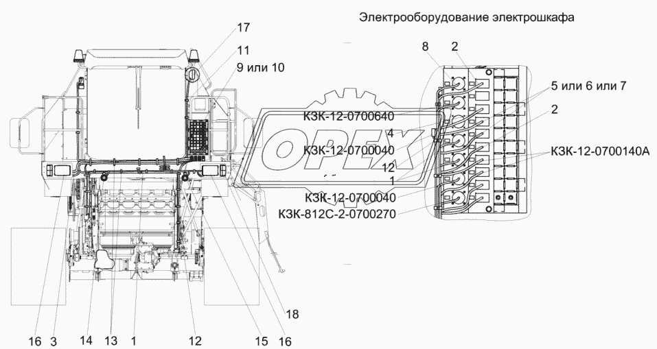 Электрооборудование молотилки самоходной (вид спереди)