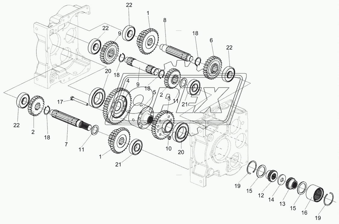 Коробка диапазонов КЗК-812-0107030А (валы, шестерни)