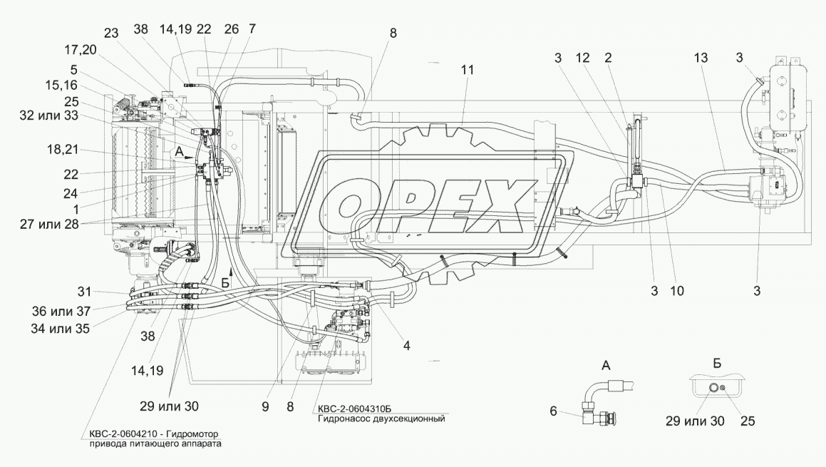 Гидросистема привода питающего аппарата и адаптеров КВС-2-0604000Б (вид сверху)