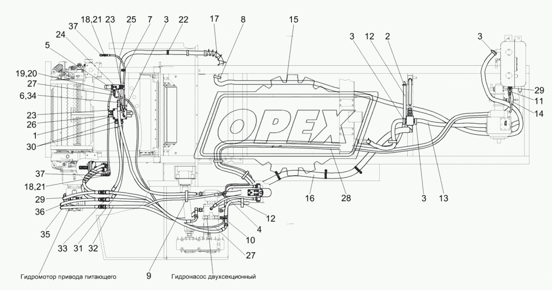 Гидросистема привода питающего аппарата и адаптеров комбайна КВК-800-16 КВС-2-0624000 (вид сверху)