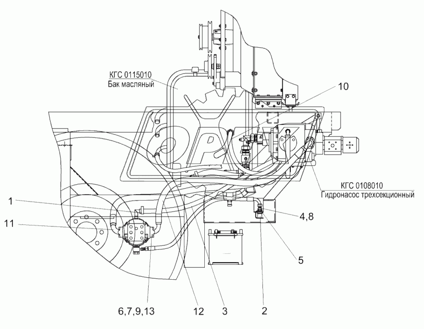 Гидросистема привода ходовой части КГС 0108000А (вид слева)
