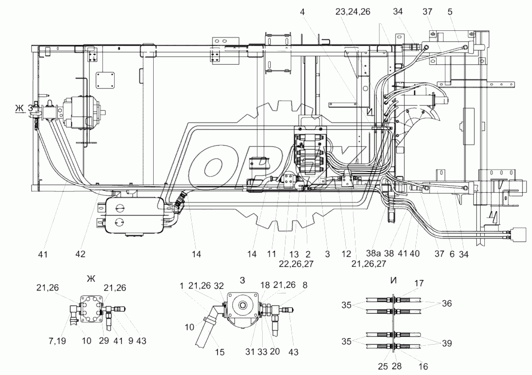 Гидросистема рабочих органов и рулевого управления КГС 0125000 (вид сверху)