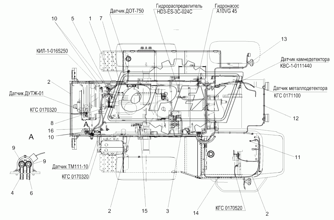 Электрооборудование измельчителя самоходного (вид сверху)